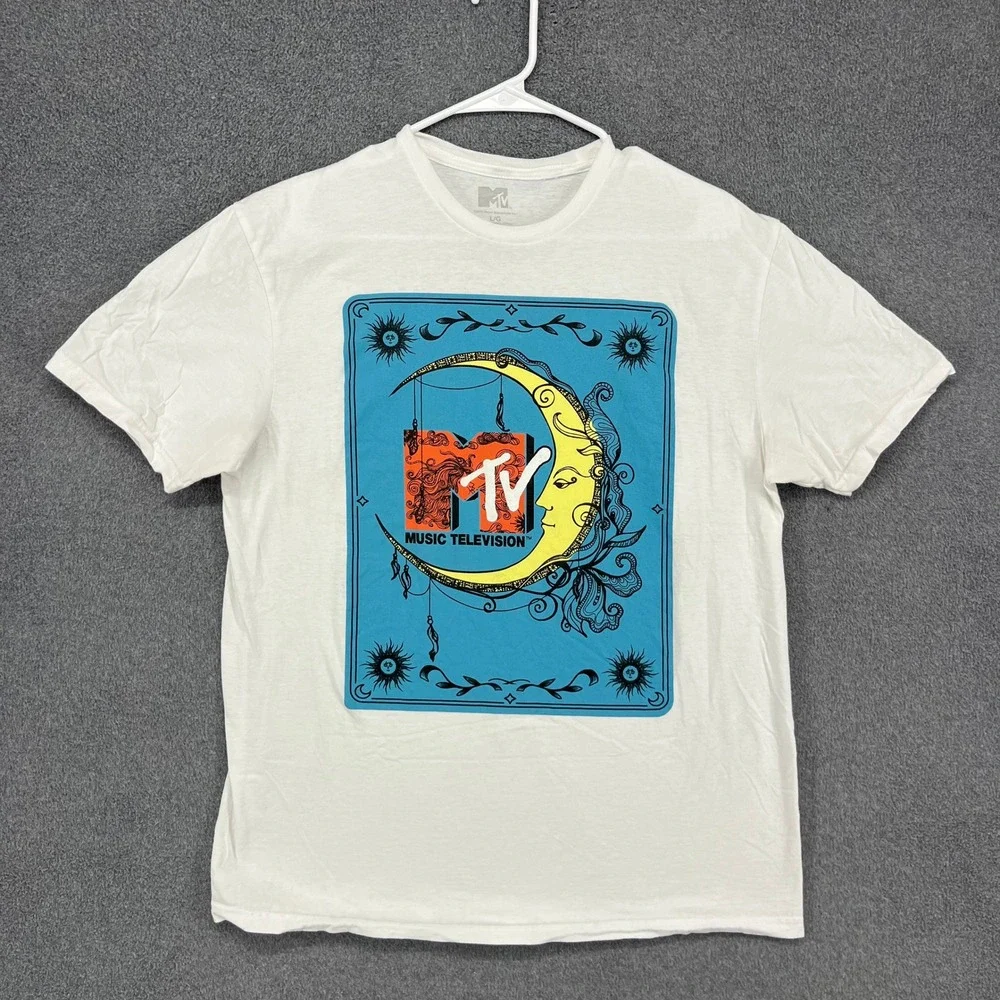 MTV Music Television Moon Face Graphic‎ T Shirt Large White Short Sleeve